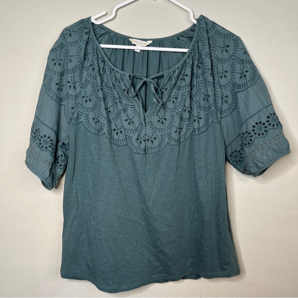 Lucky Brand Dusty Blue Lace Embroidered Bohemian Puff Sleeve Blouse Shirt Top L